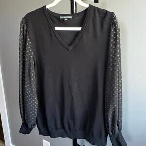 Adrianna Papell Black Sweater Top With Gold Polka Dot Sheer Sleeves Size L